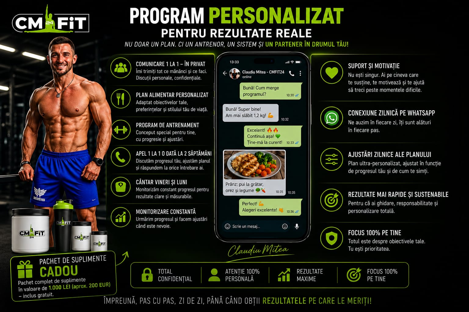 Program personalizat CMFIT24: comunicare 1 la 1, plan alimentar, program de antrenament, suport zilnic pe WhatsApp și pachet de suplimente cadou